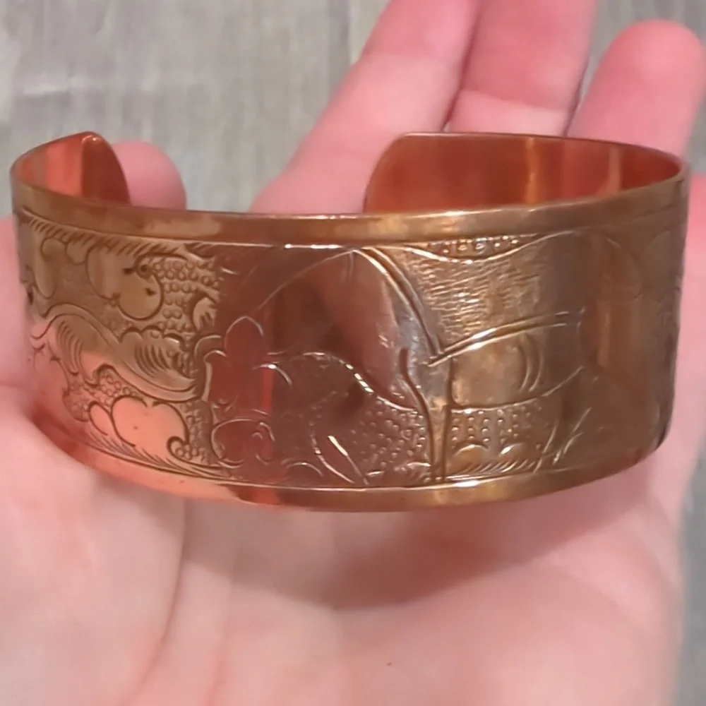 Vintage Copper Ethnic Story Etched Cuff